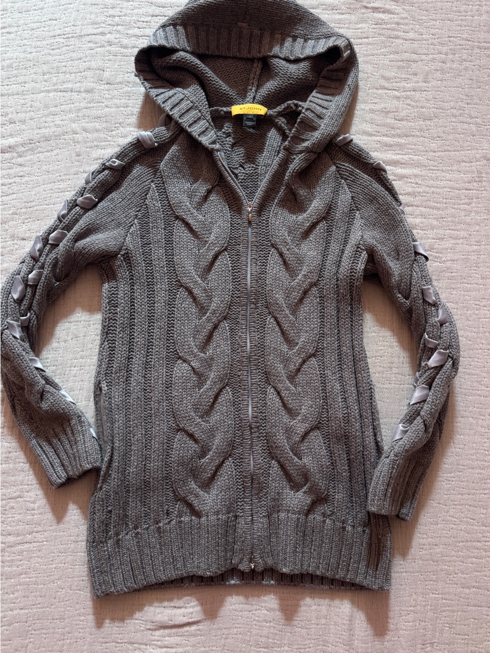 St. John Gray Cable Knit Hooded Zip Cardigan Ribbon Sz S